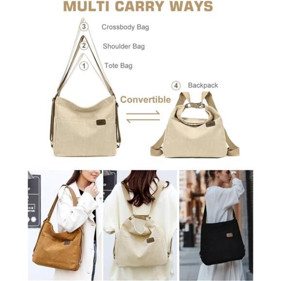 Corduroy Tote Bag for Women Convertible Backpack Crossbody Purse Shoulder Bag - Picture 5 of 7